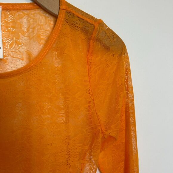 BY ANTHROPOLOGIE Sheer Lace Long-sleeve Bodysuit In Orange One-piece Medium - Picture 7 of 14